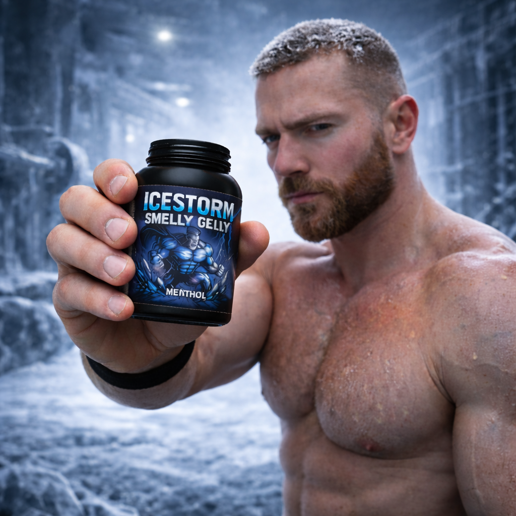 Athlet hält eine Dose ICESTORM Menthol Riechgel in der Hand