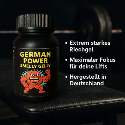 German Power Smelly Gelly Riechgel-Dose mit Produktinformationen auf schwarzem Hintergrund