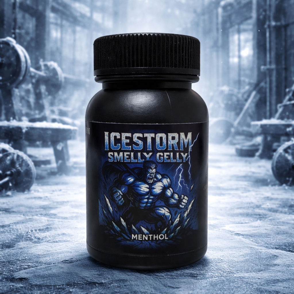 ICESTORM Menthol Riechgel in schwarzer Dose vor eisigem Hintergrund